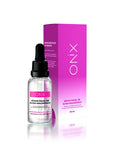 rasco de sérum facial de Ácido Hialurónico de Onix Skincare con gotero, presentado junto a su caja rosa, destacando el producto para hidratación facial.
