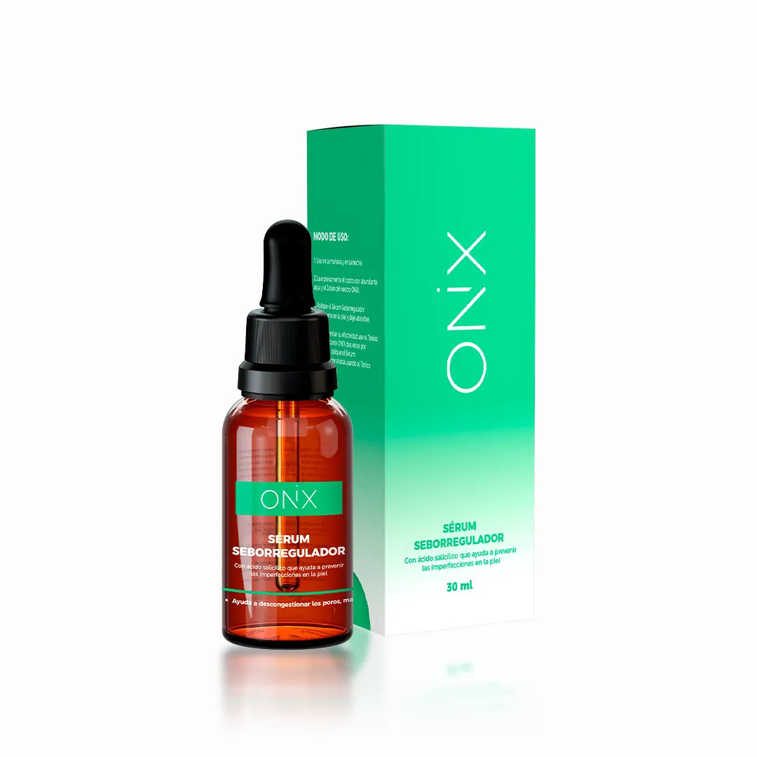 Frasco de sérum seborregulador de Onix Skincare con gotero, presentado junto a su caja verde, destacando el producto para el control de grasa en la piel.