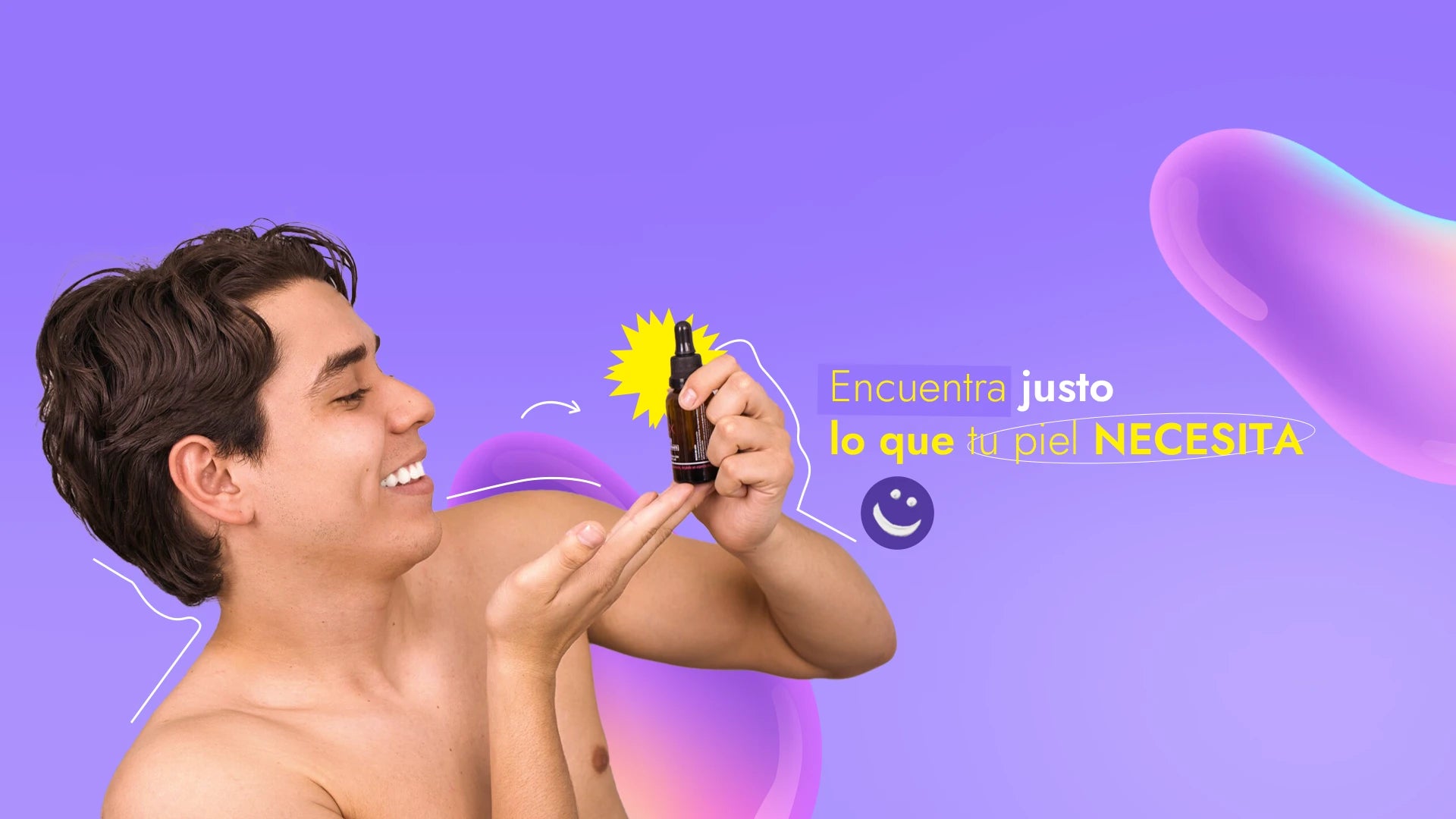 Hombre sonriente sosteniendo un frasco cuentagotas de Onix Skincare, con el texto "Encuentra justo lo que tu piel NECESITA", ilustrando la solución perfecta para el cuidado de la piel.