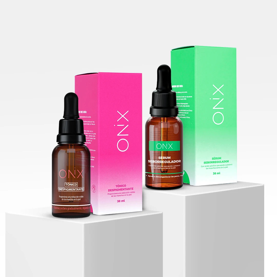 Dúo "SOS Granos" de Onix Skincare: un tónico despigmentante en caja rosa y un sérum seborregulador en caja verde, ofreciendo una solución combinada para imperfecciones y granos.