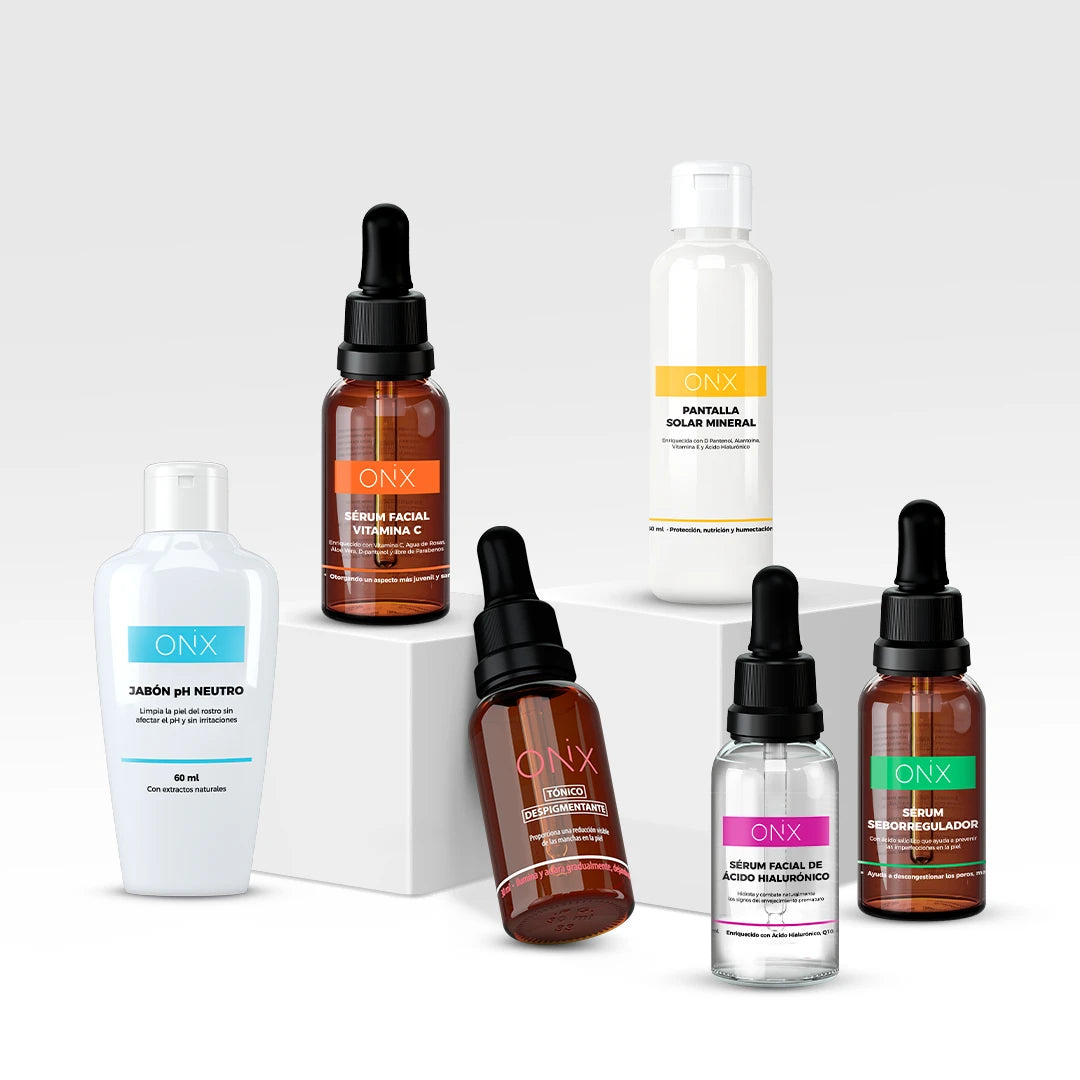 Variedad de productos Onix Skincare del "Kit Cajita Emprendedor", incluyendo sérums faciales, limpiador y pantalla solar, presentados como una solución completa de cuidado.