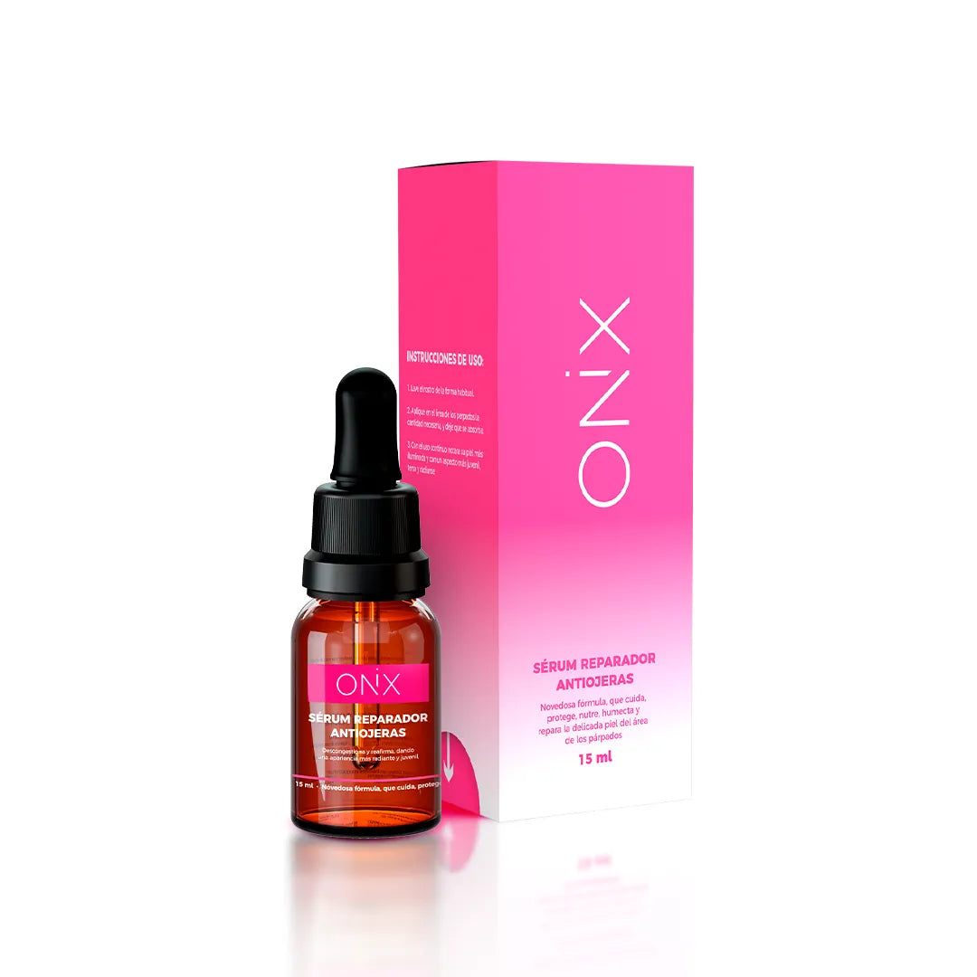 Frasco de sérum despigmentador antiojeras de Onix Skincare con gotero, presentado junto a su caja rosa, destacando el producto para el contorno de ojos.