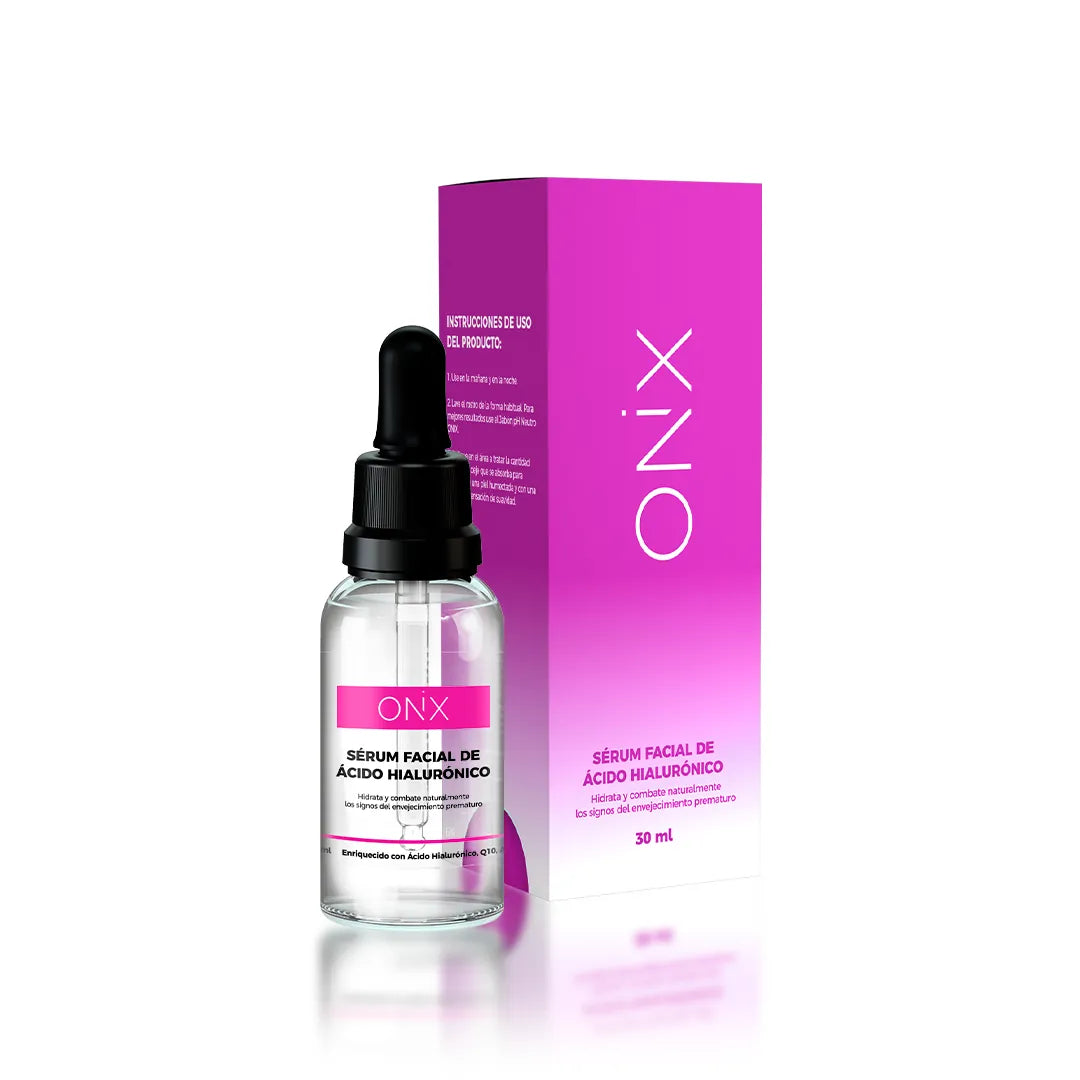 rasco de sérum facial de Ácido Hialurónico de Onix Skincare con gotero, presentado junto a su caja rosa, destacando el producto para hidratación facial.